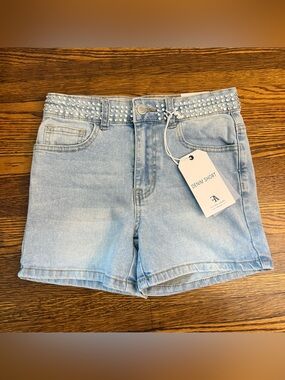 NWT Flying Angel Rhinestone Waistband High Rise Denim Shorts Size 10